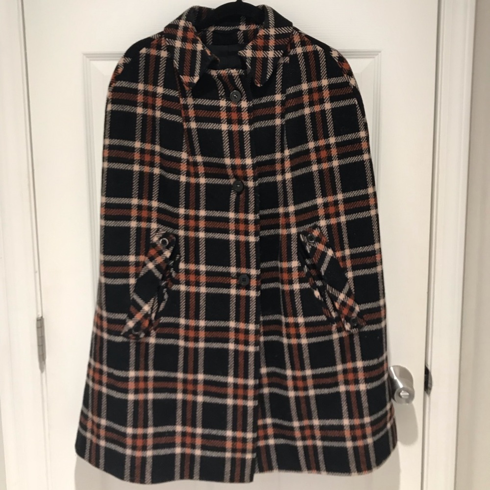 Large vintage wool cape plaid black, orange and cream